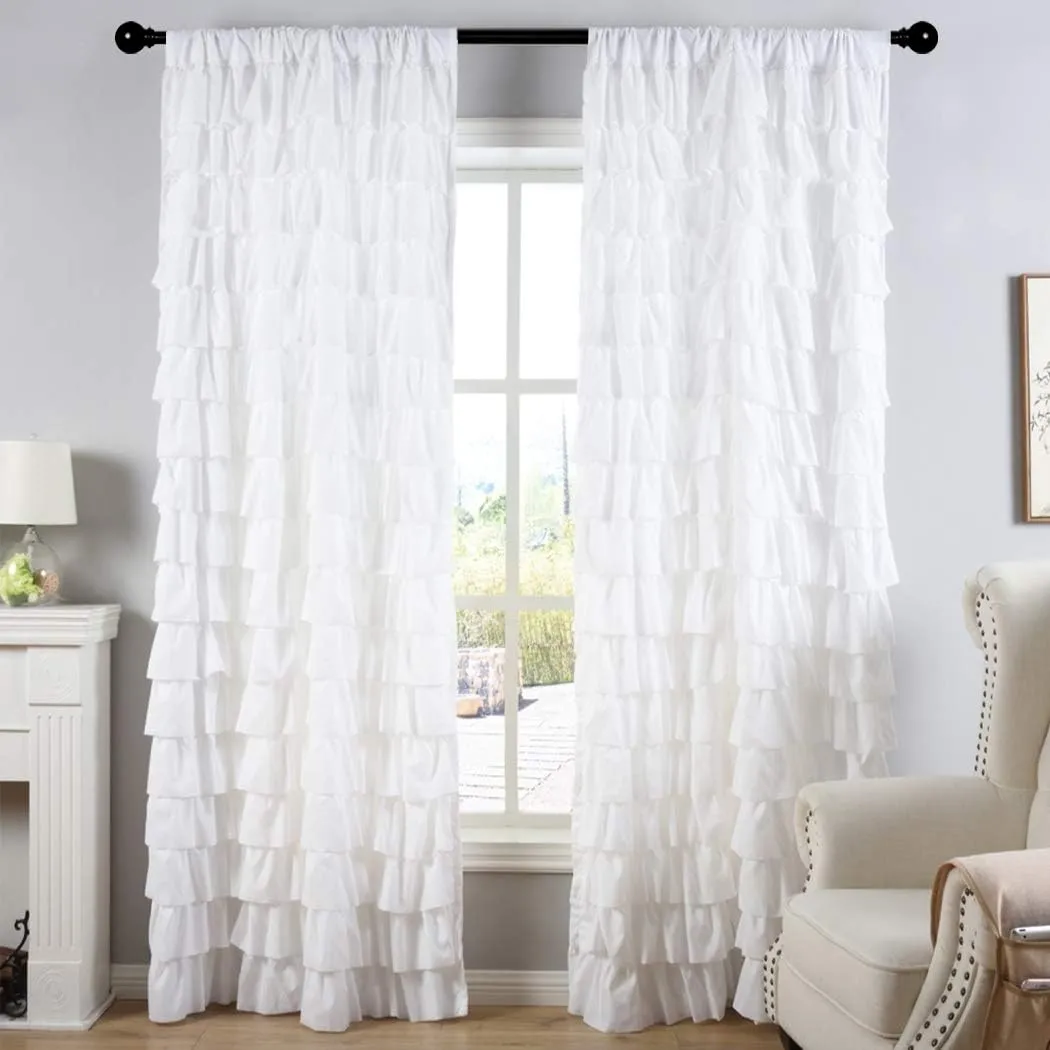 Kotile White Ruffle Curtain 84 Inches Long 1 Panel Gypsy Layered Ruffled Curtain for Living Room, Rod Pocket Light Filtering Privacy Shabby Chic White Ruffle Window Curtain Panel, W52 x L84 Inch
