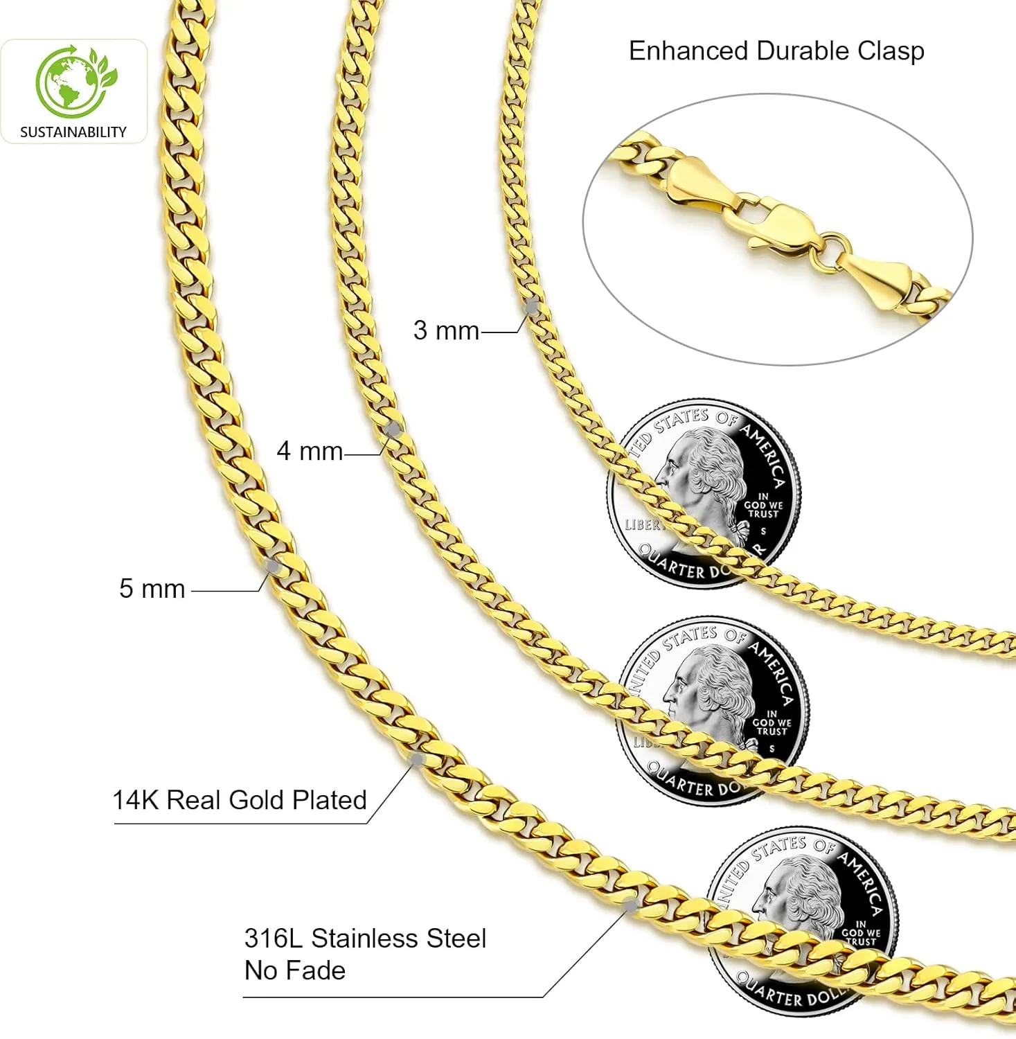 KRKC&CO Real 14K Gold Filled Necklace, Flat Diamond-Cut Miami Cuban Link Curb Chain for Men Women, Hip-Hop & Cool Style Anti-Allergies, 3/4/5mm, 18/20/22/24Inch