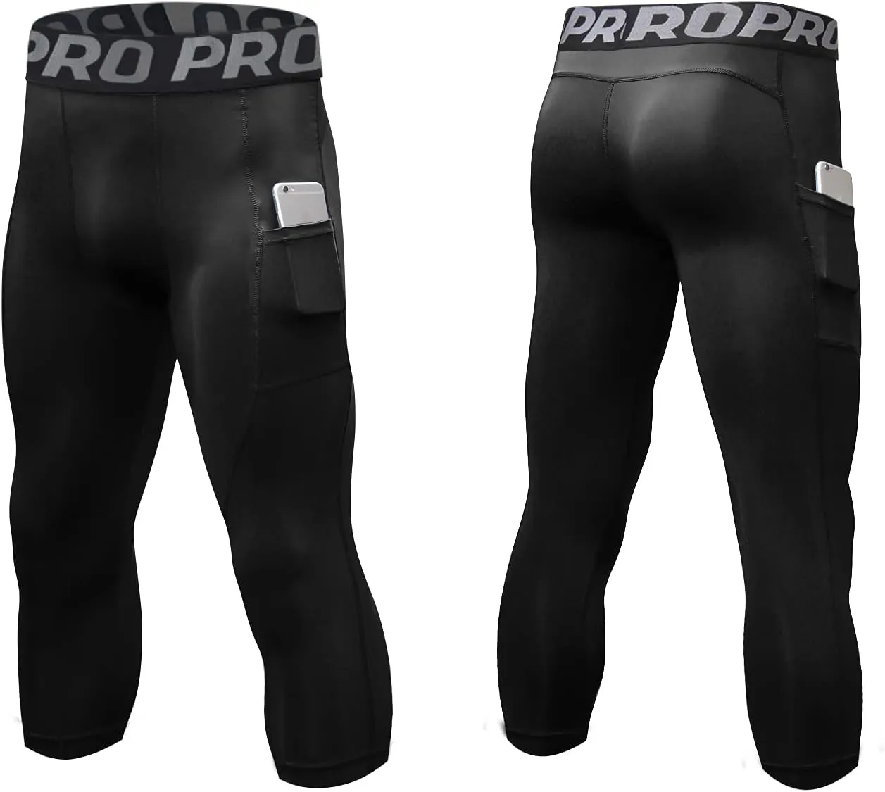LANDUNSI 3 Pack Mens 3/4 Compression Pants Basketball Running Tights with Pockets Athletic Leggings for Sports Baselayer
