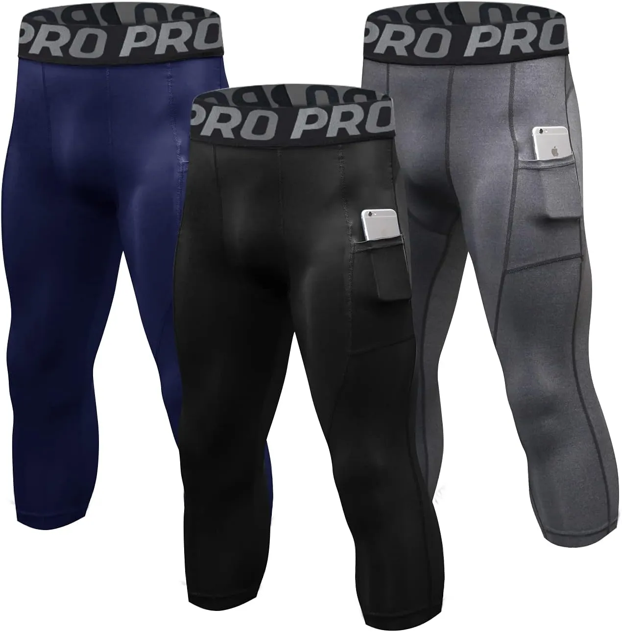 LANDUNSI 3 Pack Mens 3/4 Compression Pants Basketball Running Tights with Pockets Athletic Leggings for Sports Baselayer