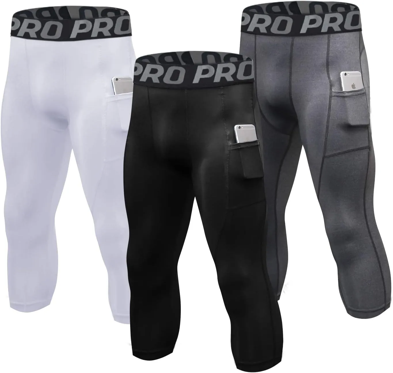 LANDUNSI 3 Pack Mens 3/4 Compression Pants Basketball Running Tights with Pockets Athletic Leggings for Sports Baselayer