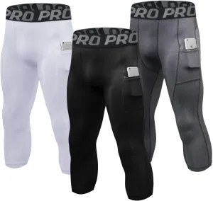 LANDUNSI 3 Pack Mens 3/4 Compression Pants Basketball Running Tights with Pockets Athletic Leggings for Sports Baselayer