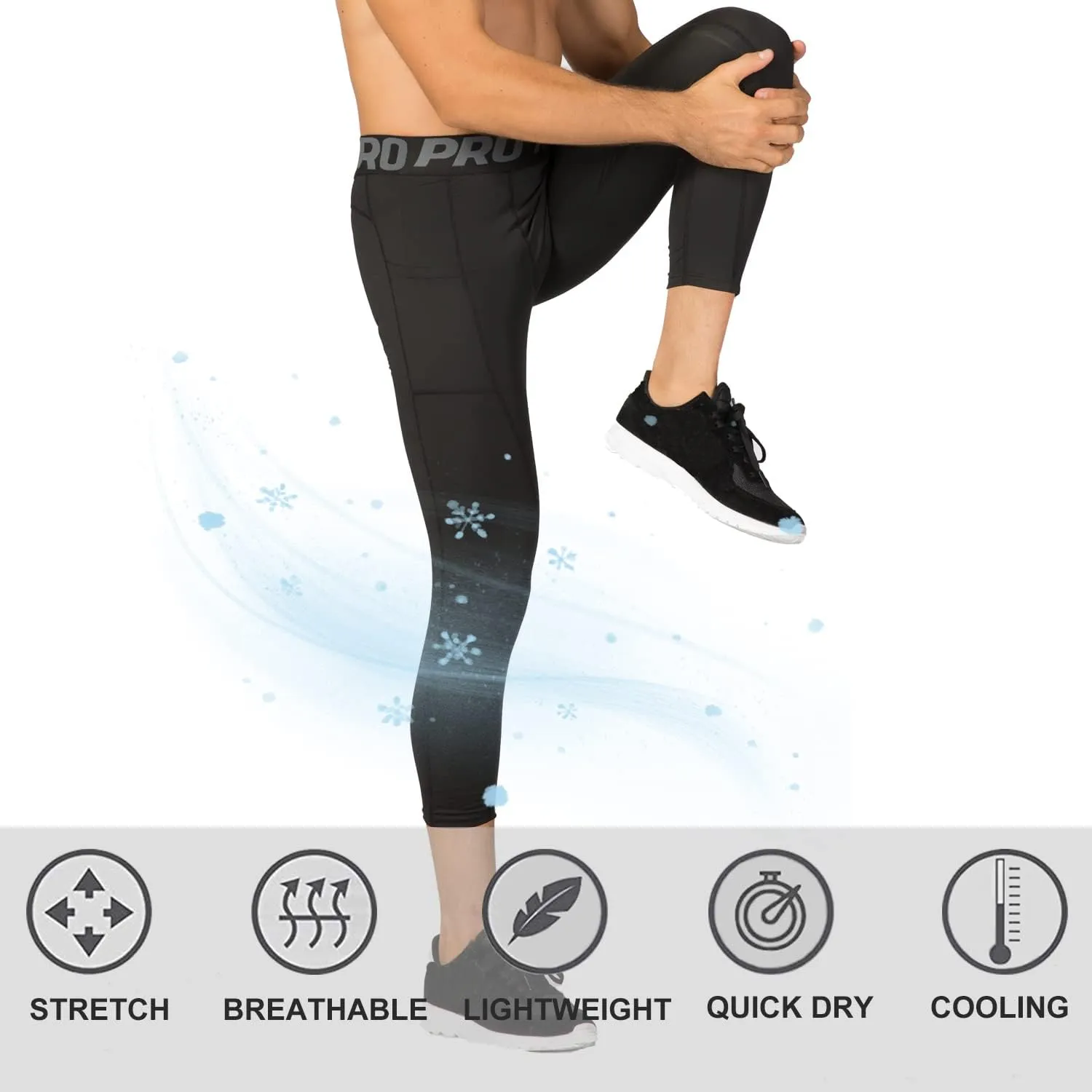 LANDUNSI 3 Pack Mens 3/4 Compression Pants Basketball Running Tights with Pockets Athletic Leggings for Sports Baselayer