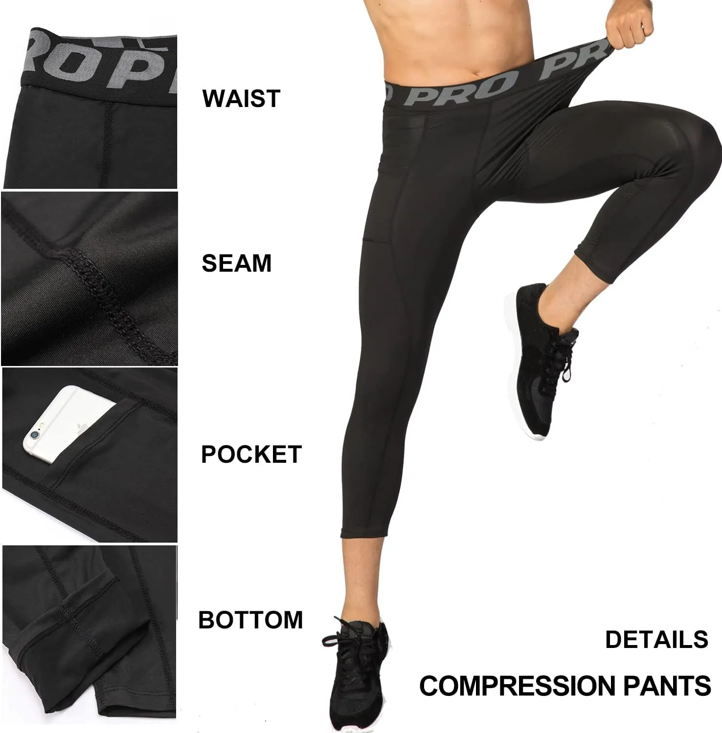 LANDUNSI 3 Pack Mens 3/4 Compression Pants Basketball Running Tights with Pockets Athletic Leggings for Sports Baselayer
