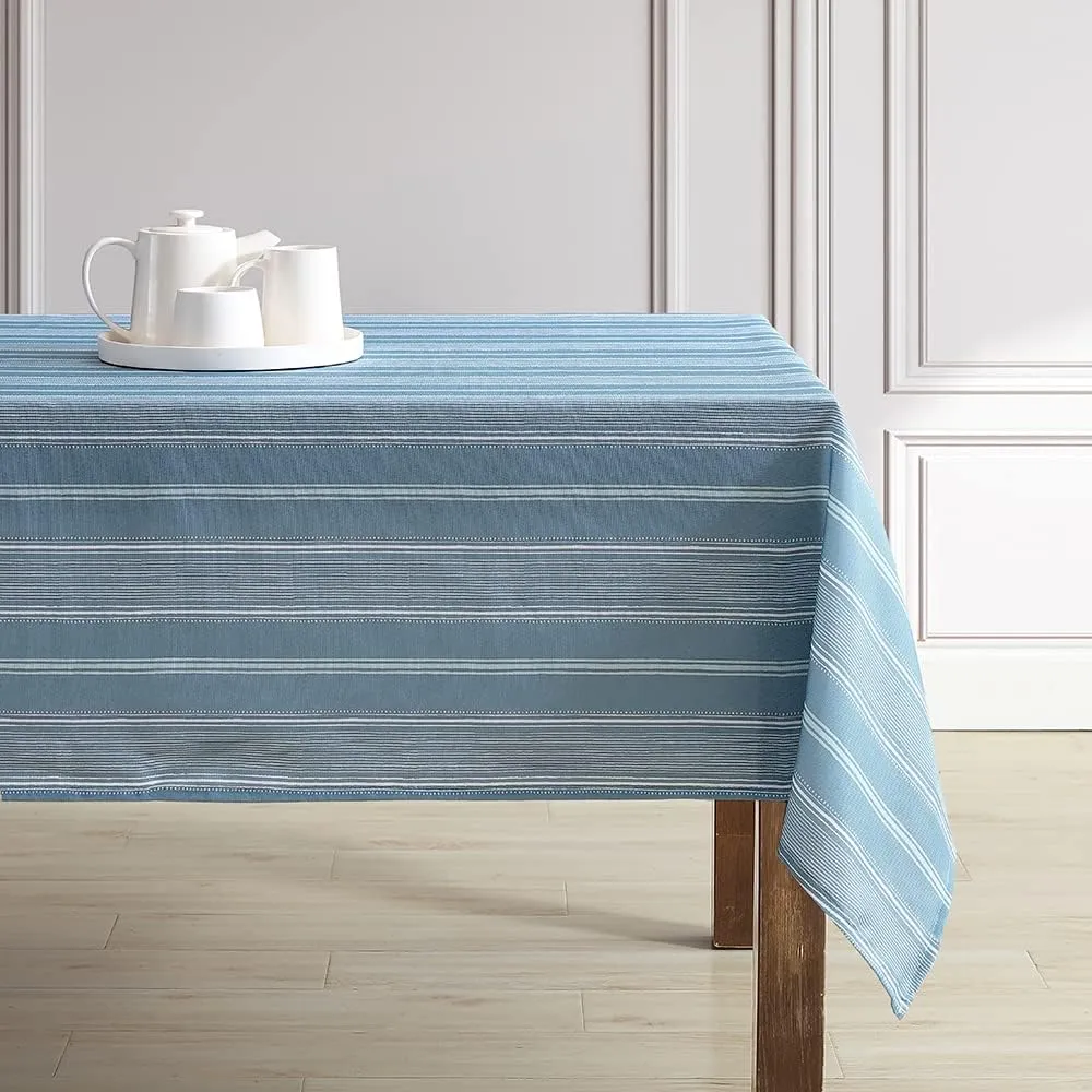 Laura Ashley Decorative Tablecloth, Wrinkle and Stain Resistant, Spillproof Water Repellent, Easy Care Washable Polyester Fabric for Dining, Kitchen, Holiday and Party, 60" x 84", Blue Stripe