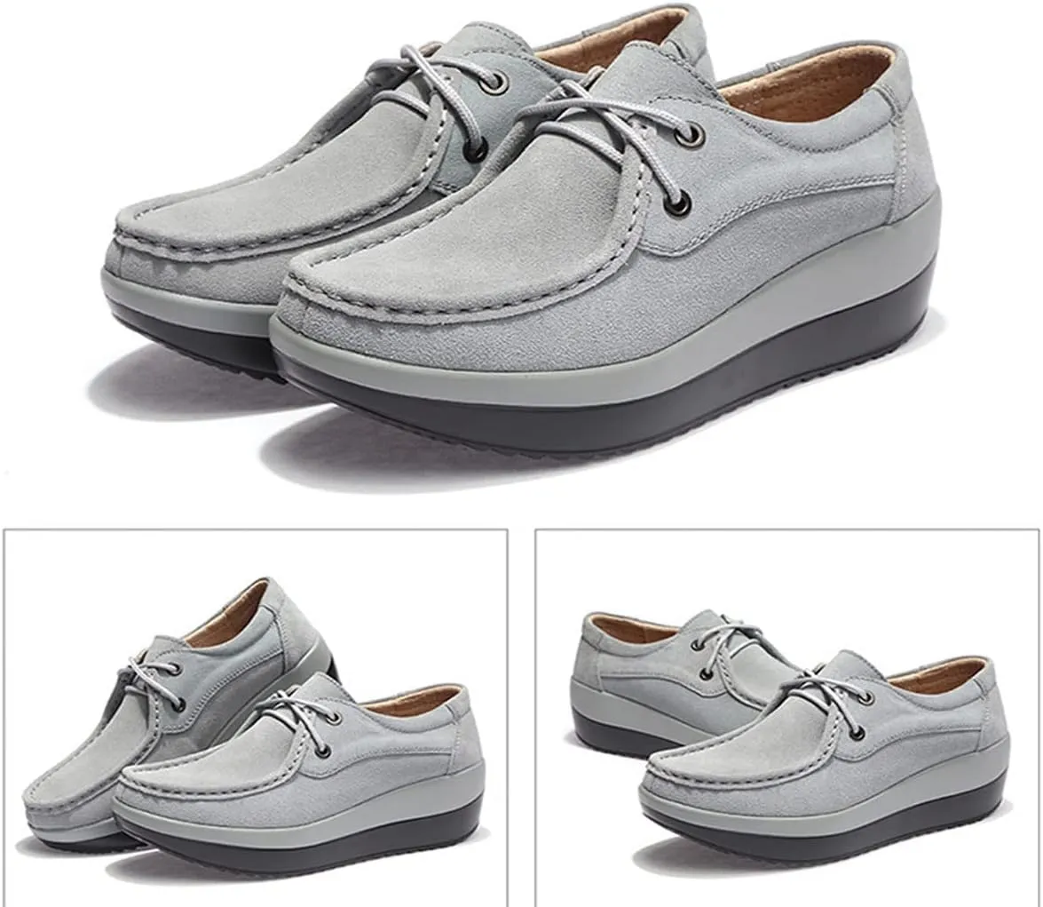 LAVAEGG Women Slip On Loafers,Comfort Suede Moccasins Wide Low Top Shoes,Non-Slip Heightening Wedge Shoes