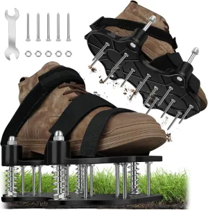 Lawn Aerator Shoes for Grass -Double Layer Lawn Aerator Shoes with Spiked Bottom and Spring base,Adjustable Strap for Secure Fit Automatically Clears Leaves and Dirt for Garden Lawns and Yard-Black