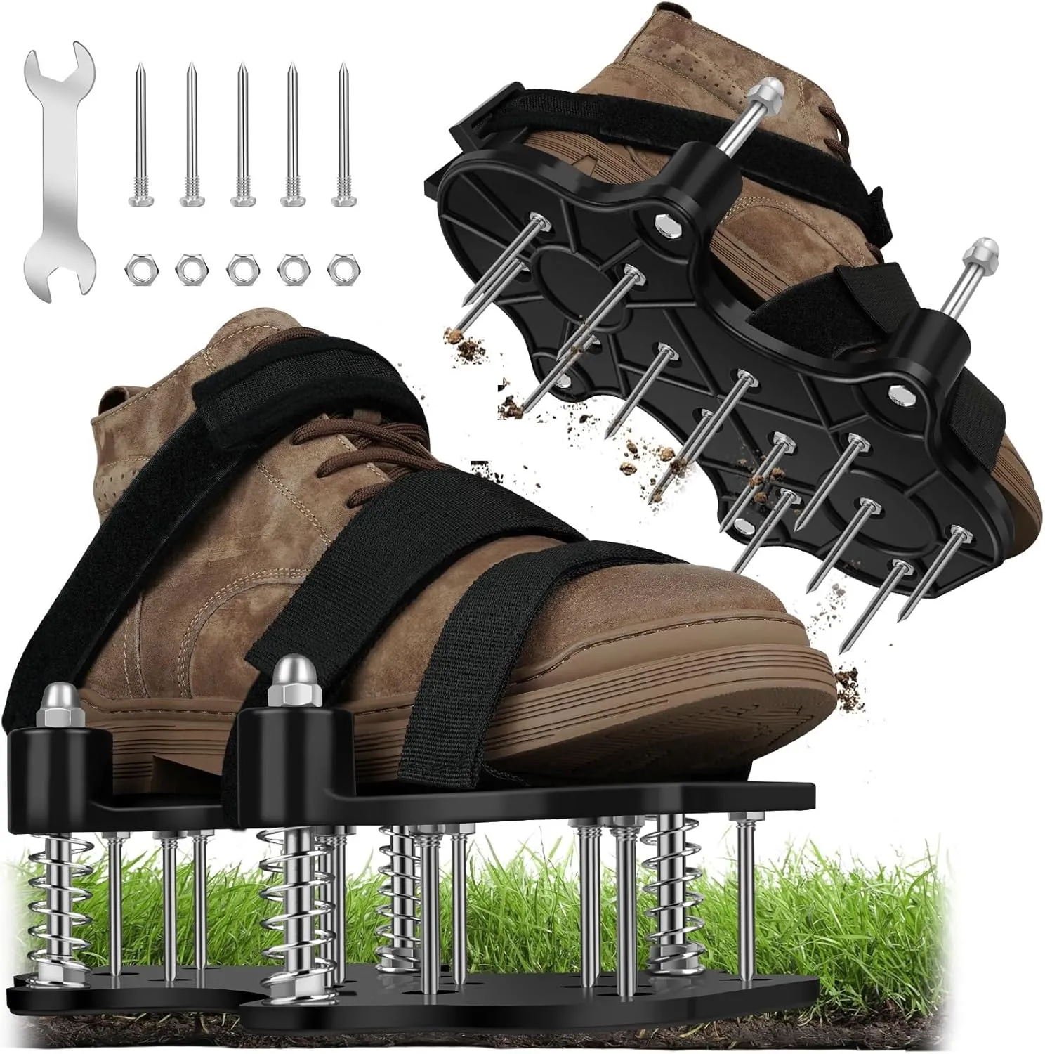 Lawn Aerator Shoes for Grass -Double Layer Lawn Aerator Shoes with Spiked Bottom and Spring base,Adjustable Strap for Secure Fit Automatically Clears Leaves and Dirt for Garden Lawns and Yard-Black