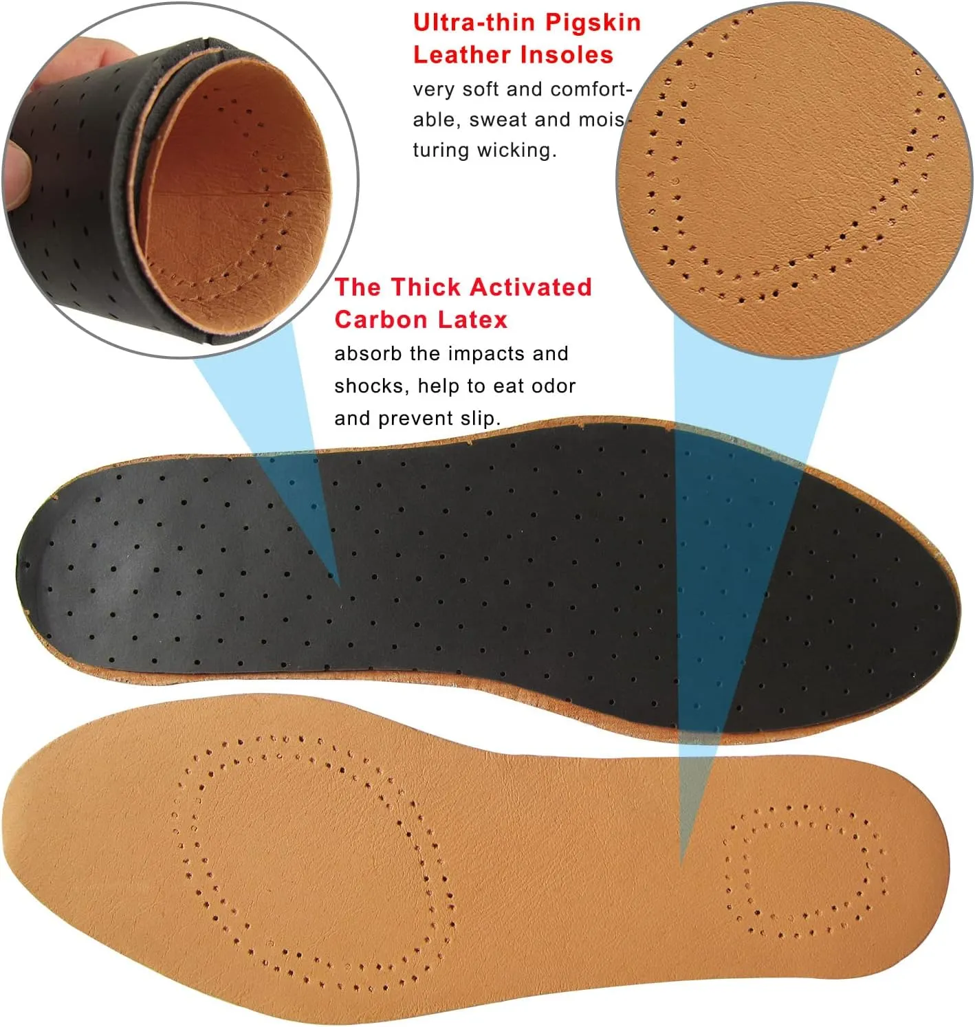 Leather Insoles for Men Thin Shoe Liner Replacement Leather Inserts for Dress Shoes Ultra Thin Pigskin Shoe Soles with Activated Carbon for Odor Eater, 2 Pack/Men 12-13 M US
