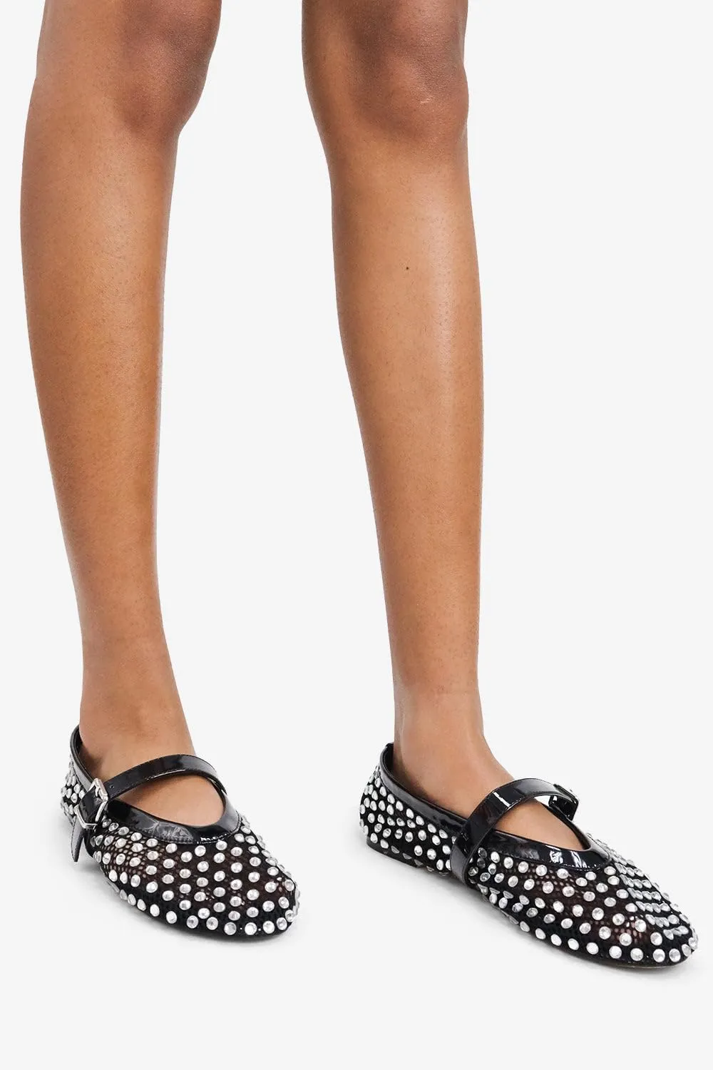 LEMONADE Women's Diamante Fishnet Detail Buckle Strap Flat Ballet Pump