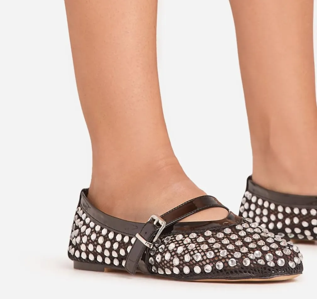 LEMONADE Women's Diamante Fishnet Detail Buckle Strap Flat Ballet Pump