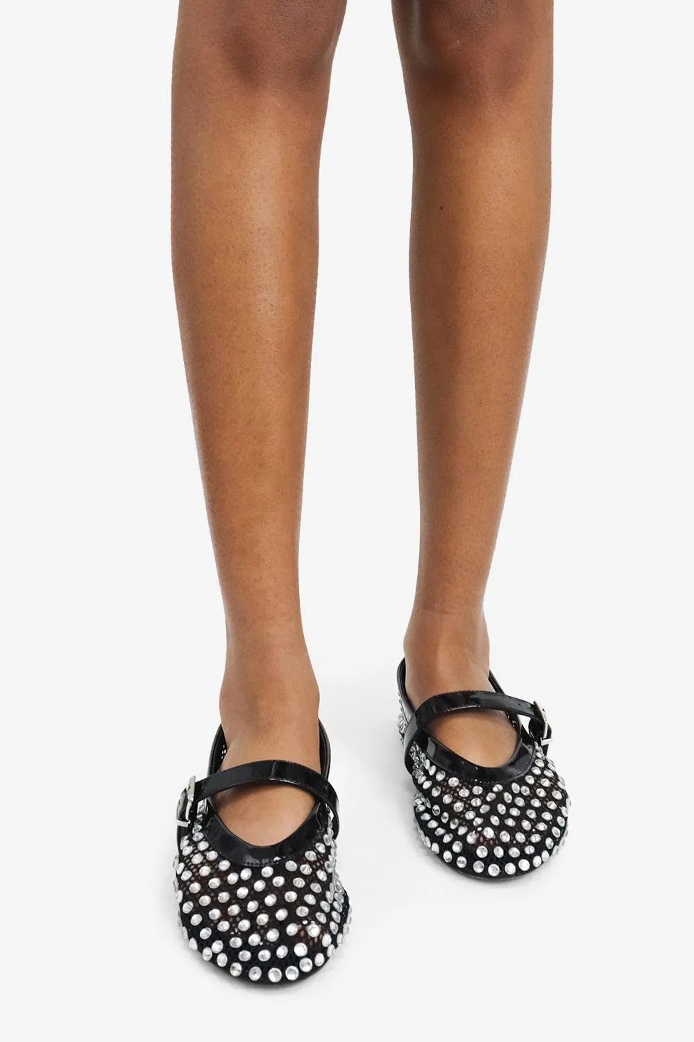 LEMONADE Women's Diamante Fishnet Detail Buckle Strap Flat Ballet Pump