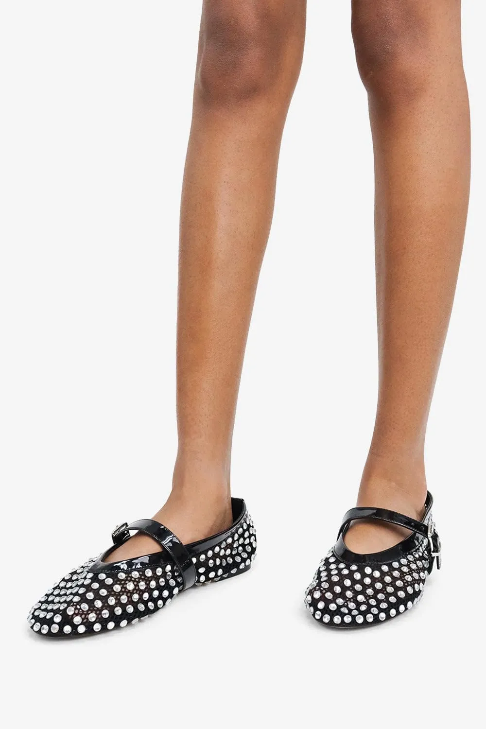 LEMONADE Women's Diamante Fishnet Detail Buckle Strap Flat Ballet Pump