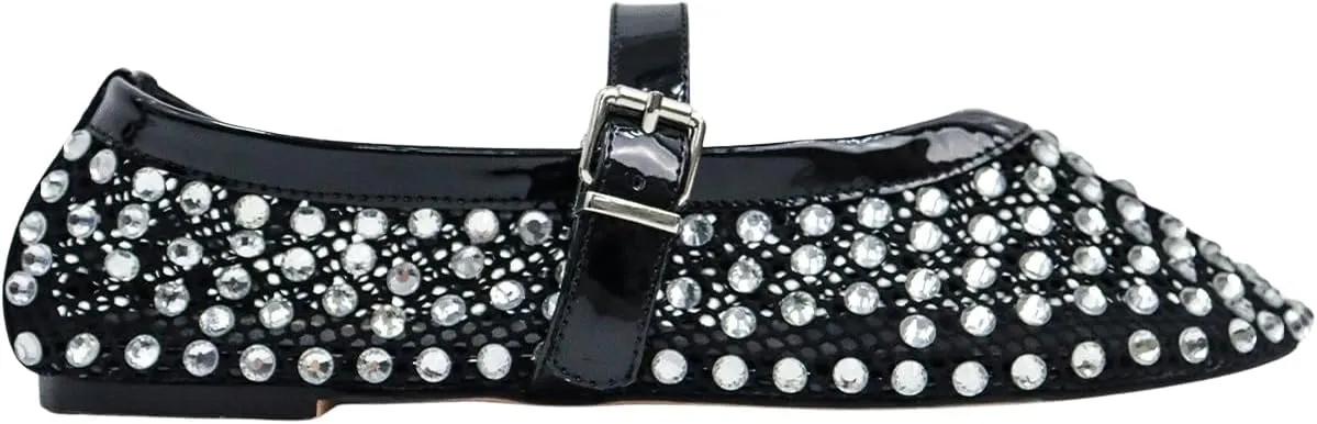 LEMONADE Women's Diamante Fishnet Detail Buckle Strap Flat Ballet Pump