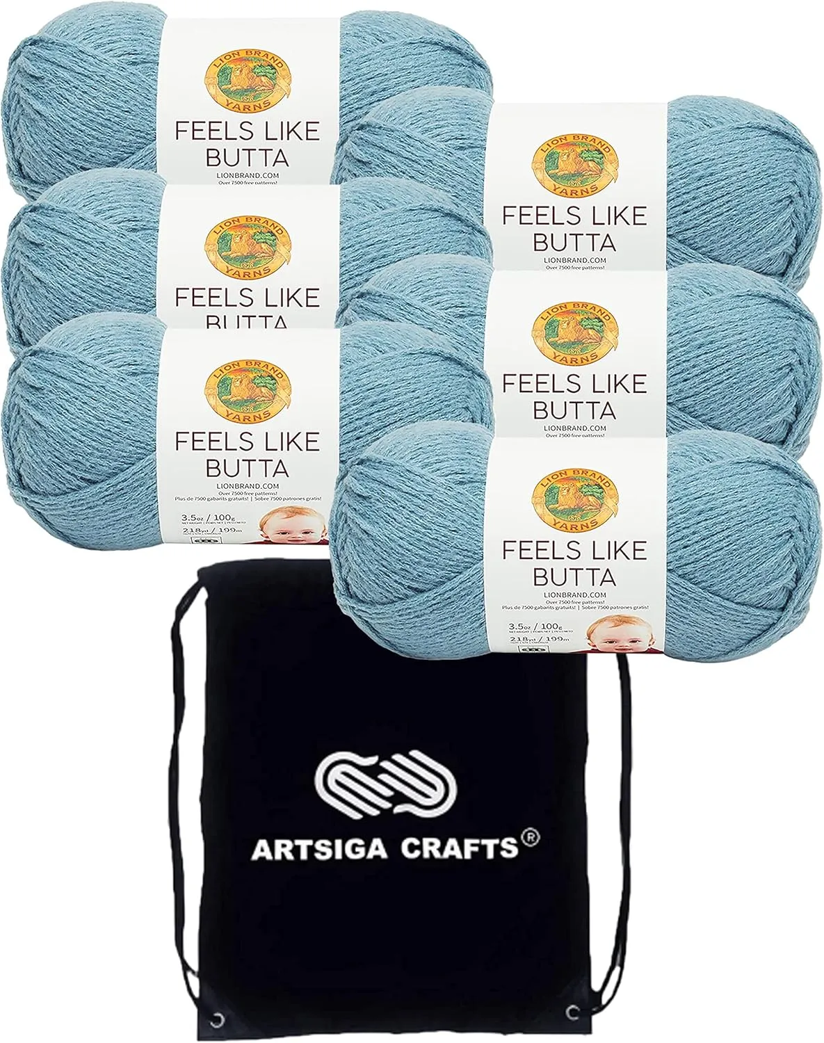 Lion Brand Feels Like Butta Dusty Blue 215-108 (6-Skeins - Same Dye Lot) Worsted Medium #4 Polyester Yarn for Crocheting and Knitting with Project Bag