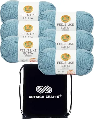 Lion Brand Feels Like Butta Dusty Blue 215-108 (6-Skeins - Same Dye Lot) Worsted Medium #4 Polyester Yarn for Crocheting and Knitting with Project Bag