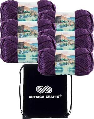 Lion Brand Hometown Portland Wine 135-148 (6-Skeins - Same Dye Lot) #6 S Bulky Acrylic Yarn for Crocheting and Knitting with Project Bag