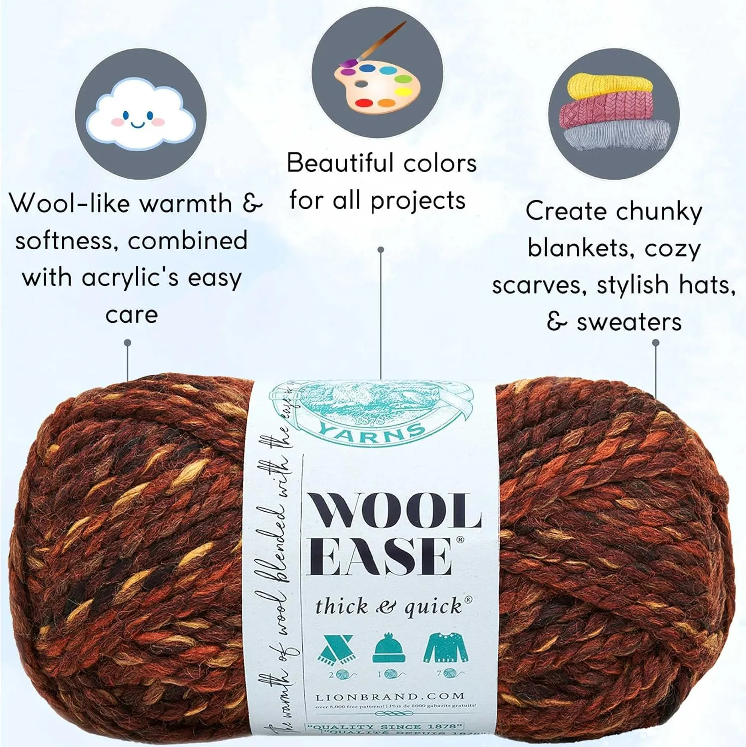 Lion Brand Wool Ease Thick & Quick Sequoia Print 640-501 (3-Skeins - Same Dye Lot) #6 S Bulky Acrylic-Wool Yarn for Crocheting and Knitting with Project Bag
