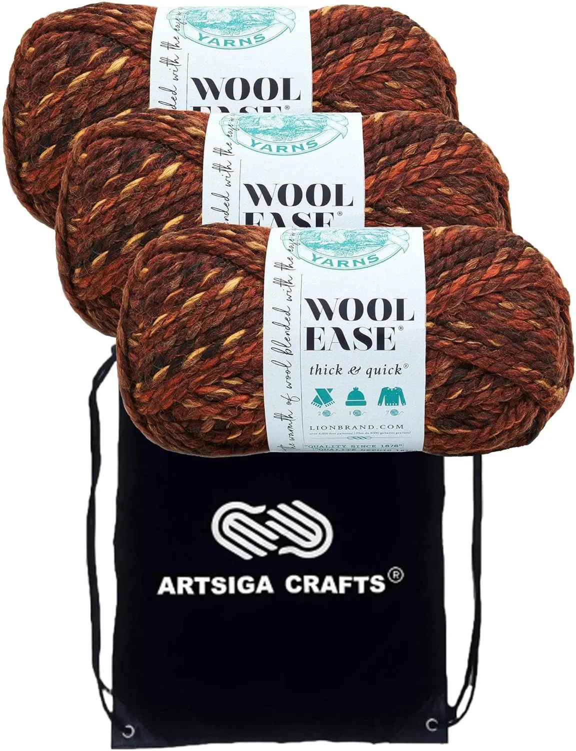 Lion Brand Wool Ease Thick & Quick Sequoia Print 640-501 (3-Skeins - Same Dye Lot) #6 S Bulky Acrylic-Wool Yarn for Crocheting and Knitting with Project Bag