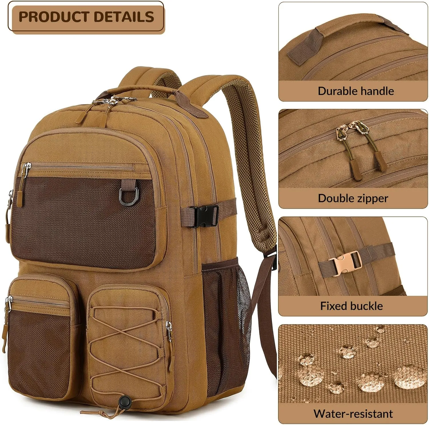 Lohol Water Resistant Daypack with Mulitiple Pockets for Travel Outdoor College, 15.6 inch Laptop Backpack for Men and Women (Brown)