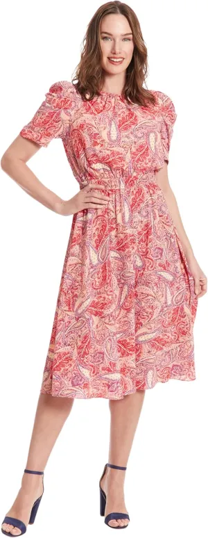 London Times Women's Caterpillar Puff Sleeve Midi Dress - Gathered Waist A-Line Flowy Summer Dress