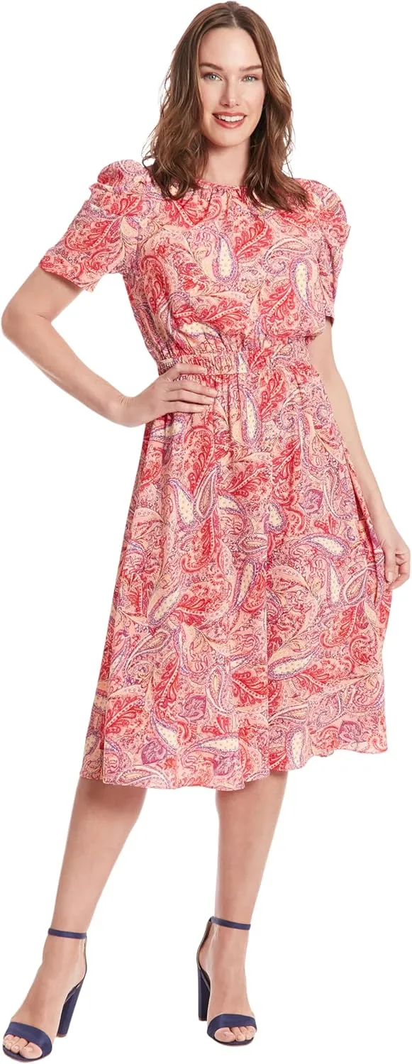 London Times Women's Caterpillar Puff Sleeve Midi Dress - Gathered Waist A-Line Flowy Summer Dress