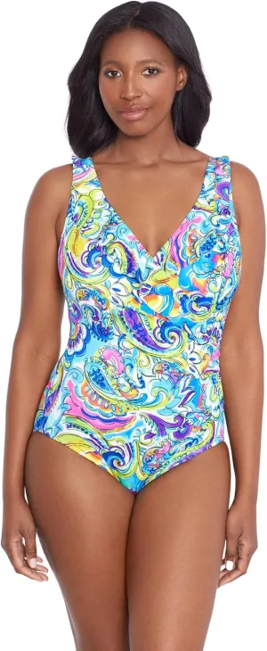 Longitude Women's Swimwear Ruffle Surplice Soft Cup Long Torso One Piece Swimsuit