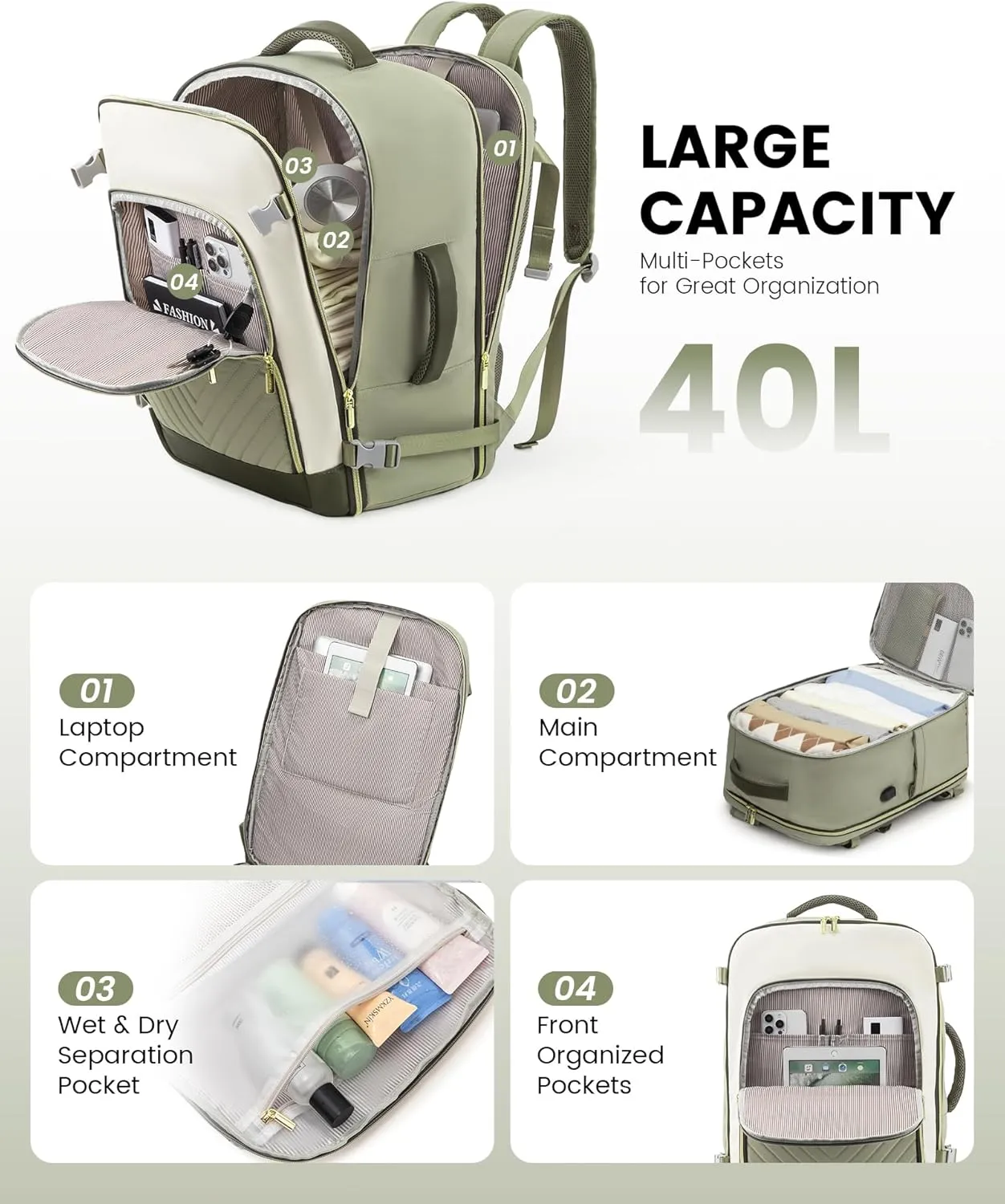 LOVEVOOK Large Travel Backpack for Women, TSA Carry on Backpack for Airplanes, 40L Personal Item Travel Bag for Women fits 17" Laptop,Waterproof Carry on Bag Airplane Approved with 3 Packing Cubes