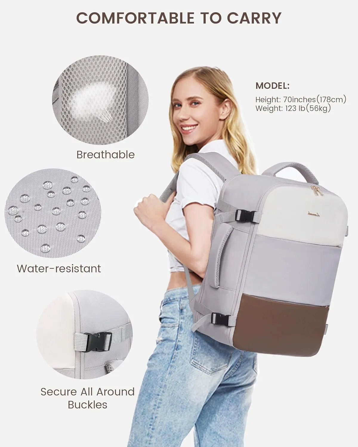 LOVEVOOK Travel Backpack for Women, Carry On Backpack Flight Approved with 3 Packing Cubes,TSA Personal Item Travel Bag Fits 15.6” Laptop,Weekender Hiking Business Luggage Daypack Beige Gray Coffee