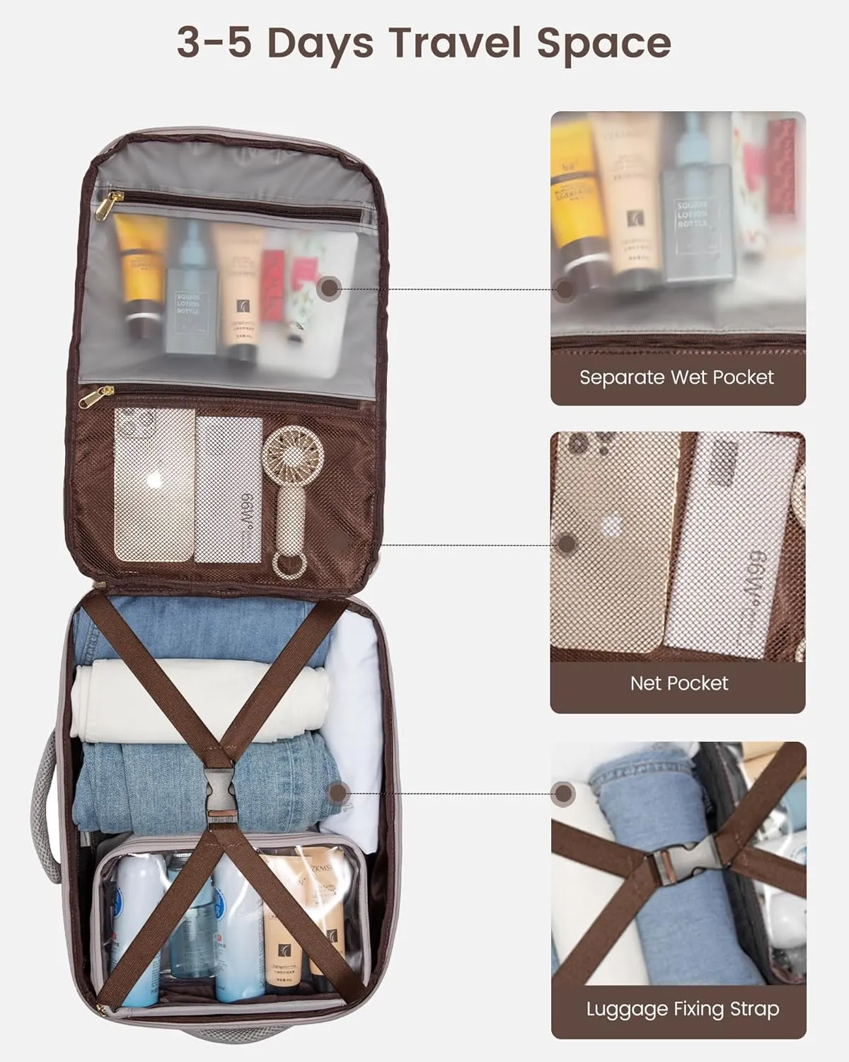 LOVEVOOK Travel Backpack for Women, Carry On Backpack Flight Approved with 3 Packing Cubes,TSA Personal Item Travel Bag Fits 15.6” Laptop,Weekender Hiking Business Luggage Daypack Beige Gray Coffee