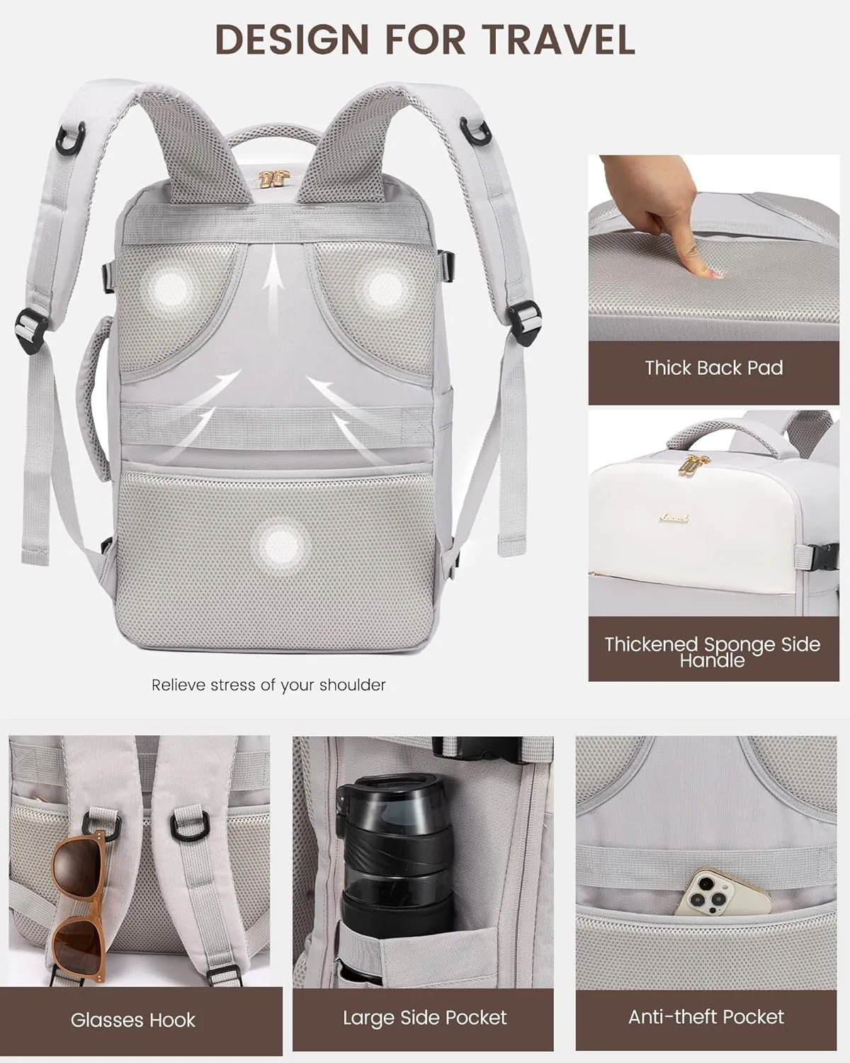LOVEVOOK Travel Backpack for Women, Carry On Backpack Flight Approved with 3 Packing Cubes,TSA Personal Item Travel Bag Fits 15.6” Laptop,Weekender Hiking Business Luggage Daypack Beige Gray Coffee