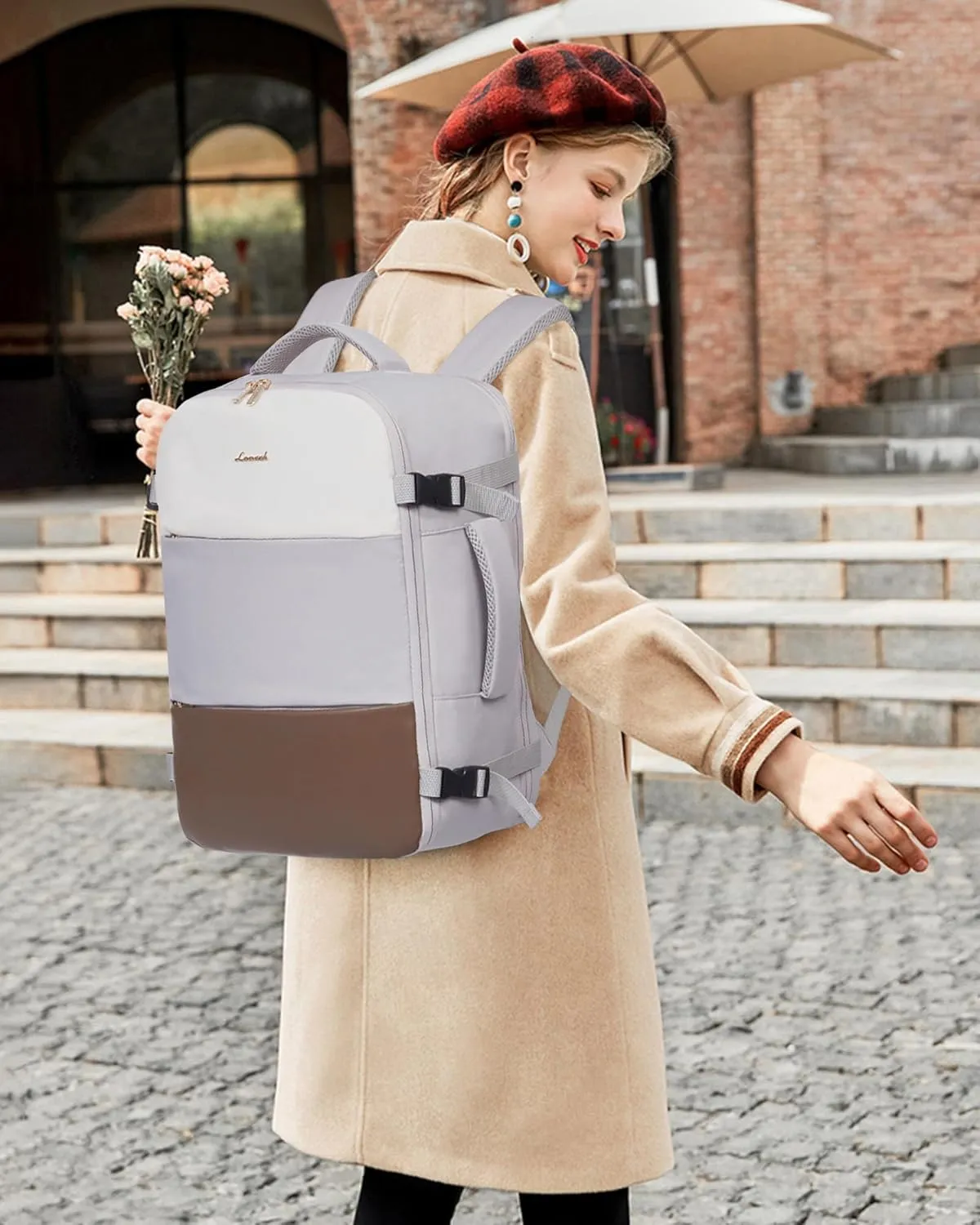LOVEVOOK Travel Backpack for Women, Carry On Backpack Flight Approved with 3 Packing Cubes,TSA Personal Item Travel Bag Fits 15.6” Laptop,Weekender Hiking Business Luggage Daypack Beige Gray Coffee