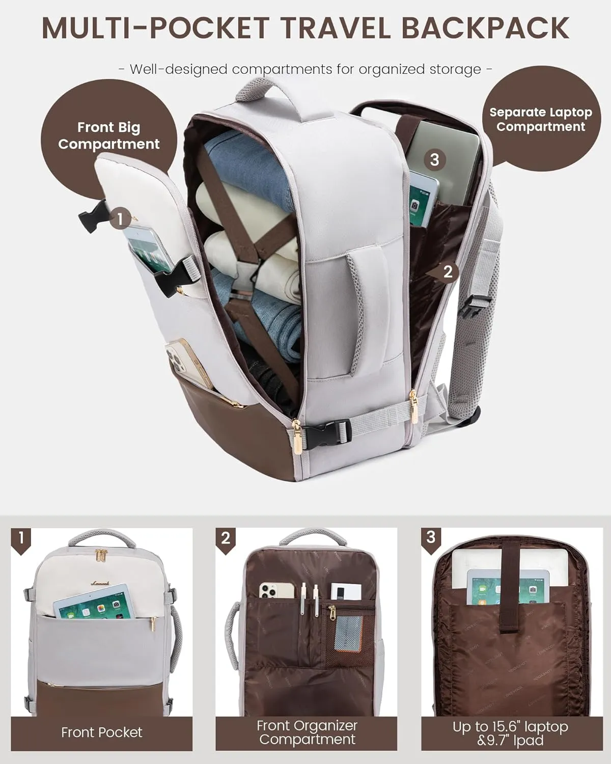 LOVEVOOK Travel Backpack for Women, Carry On Backpack Flight Approved with 3 Packing Cubes,TSA Personal Item Travel Bag Fits 15.6” Laptop,Weekender Hiking Business Luggage Daypack Beige Gray Coffee
