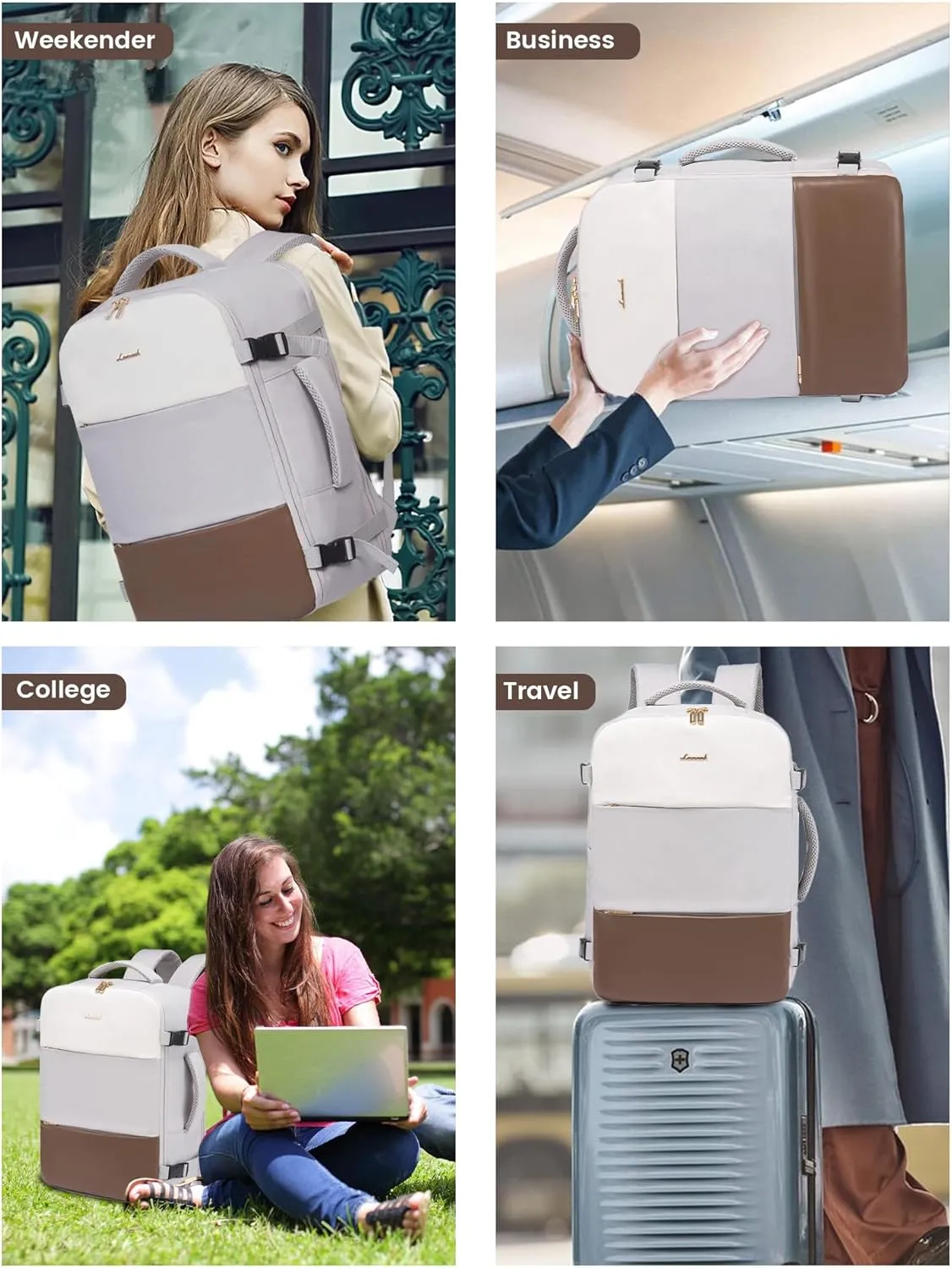 LOVEVOOK Travel Backpack for Women, Carry On Backpack Flight Approved with 3 Packing Cubes,TSA Personal Item Travel Bag Fits 15.6” Laptop,Weekender Hiking Business Luggage Daypack Beige Gray Coffee
