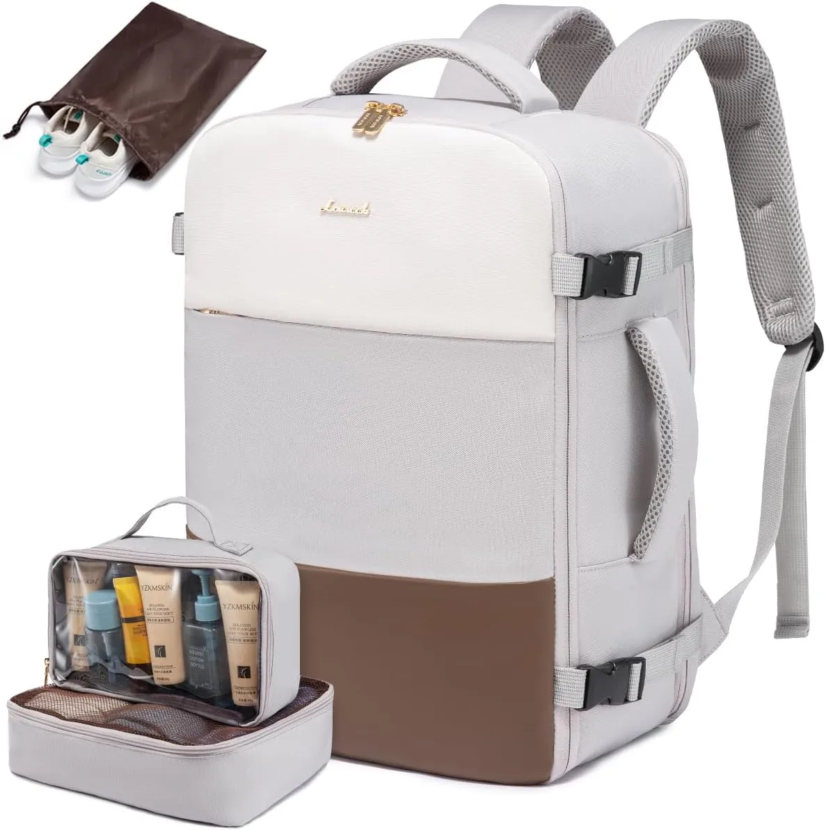 LOVEVOOK Travel Backpack for Women, Carry On Backpack Flight Approved with 3 Packing Cubes,TSA Personal Item Travel Bag Fits 15.6” Laptop,Weekender Hiking Business Luggage Daypack Beige Gray Coffee