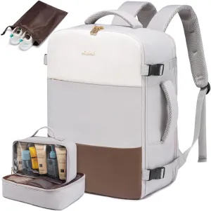 LOVEVOOK Travel Backpack for Women, Carry On Backpack Flight Approved with 3 Packing Cubes,TSA Personal Item Travel Bag Fits 15.6” Laptop,Weekender Hiking Business Luggage Daypack Beige Gray Coffee