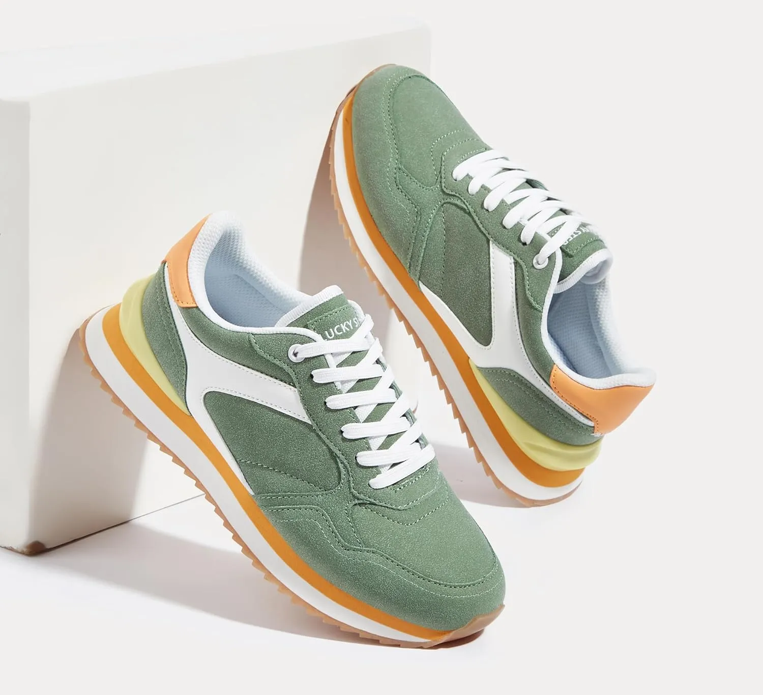 LUCKY STEP Women's Platform Fashion Sneakers Suede Colorful Colorblock Stylish Retro Casual Neutral Tennis Running Footwear Walking Shoes