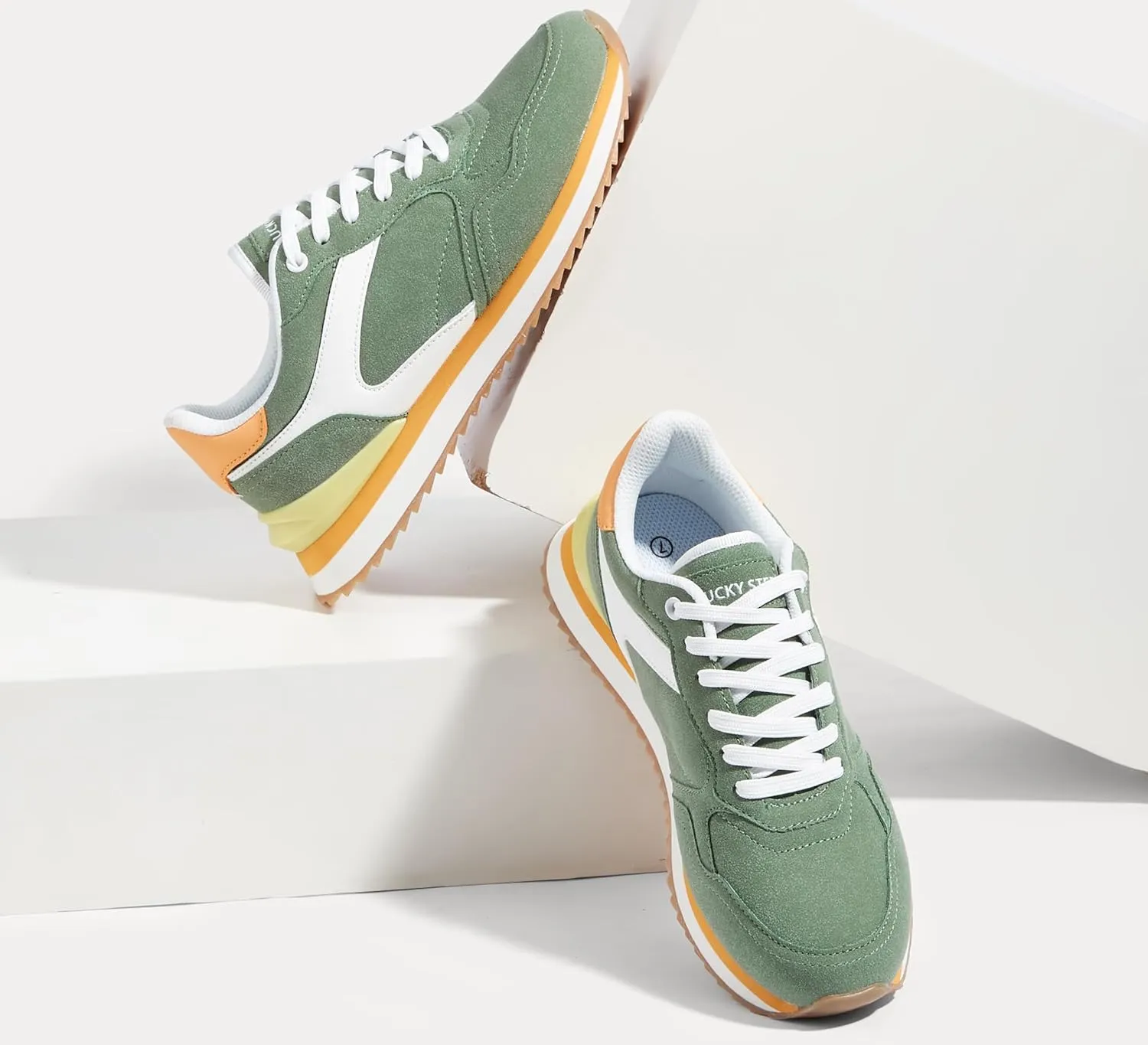 LUCKY STEP Women's Platform Fashion Sneakers Suede Colorful Colorblock Stylish Retro Casual Neutral Tennis Running Footwear Walking Shoes