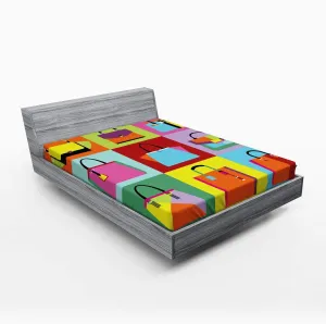 Lunarable Fashion Fitted Sheet, Pop Art Style Flat Design Woman Handbag and Purse Composition with Colorful Tiles, Bed Cover with All-Round Elastic Deep Pocket for Comfort, Full Size, Multicolor
