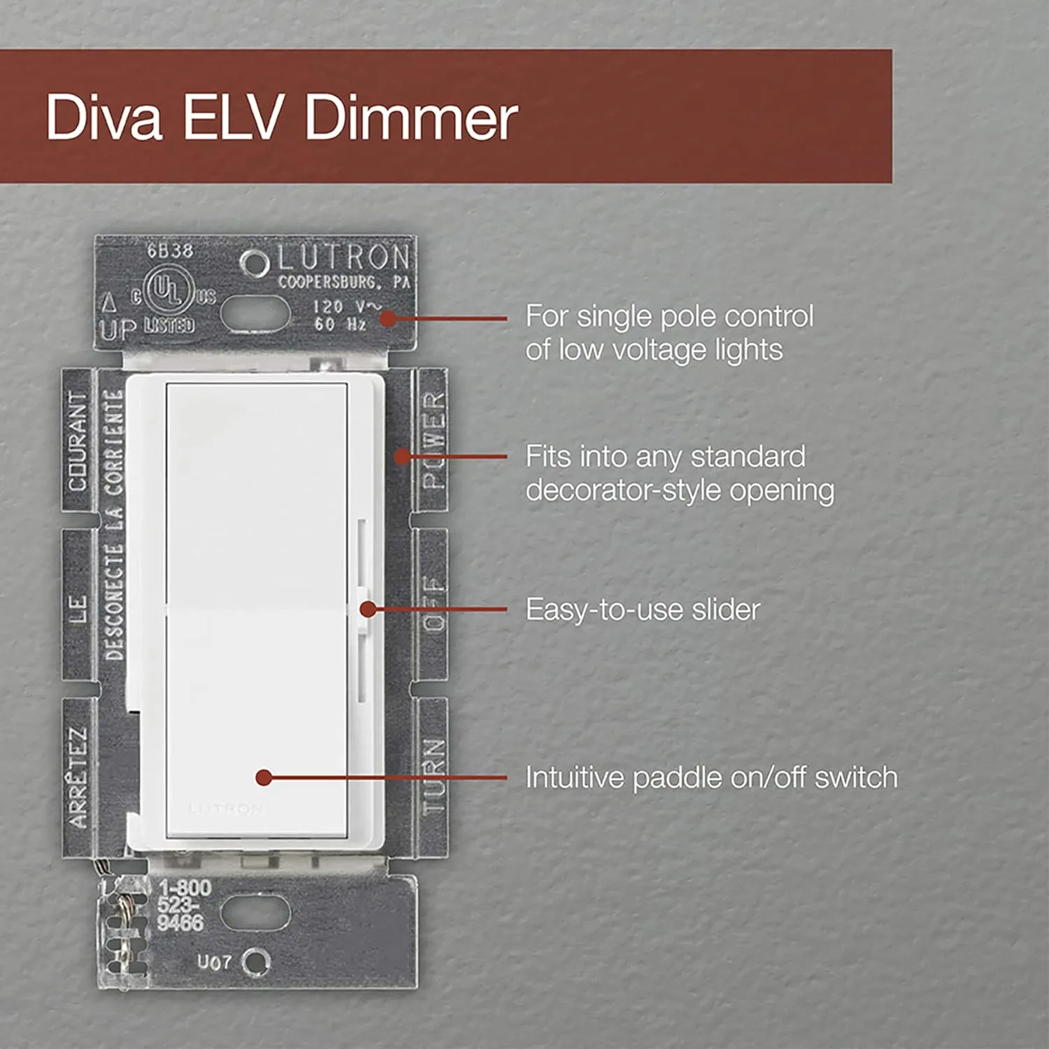 Lutron DVELV-300P-WH 300-Watt Diva Electronic Low Voltage Single Pole Dimmer, White
