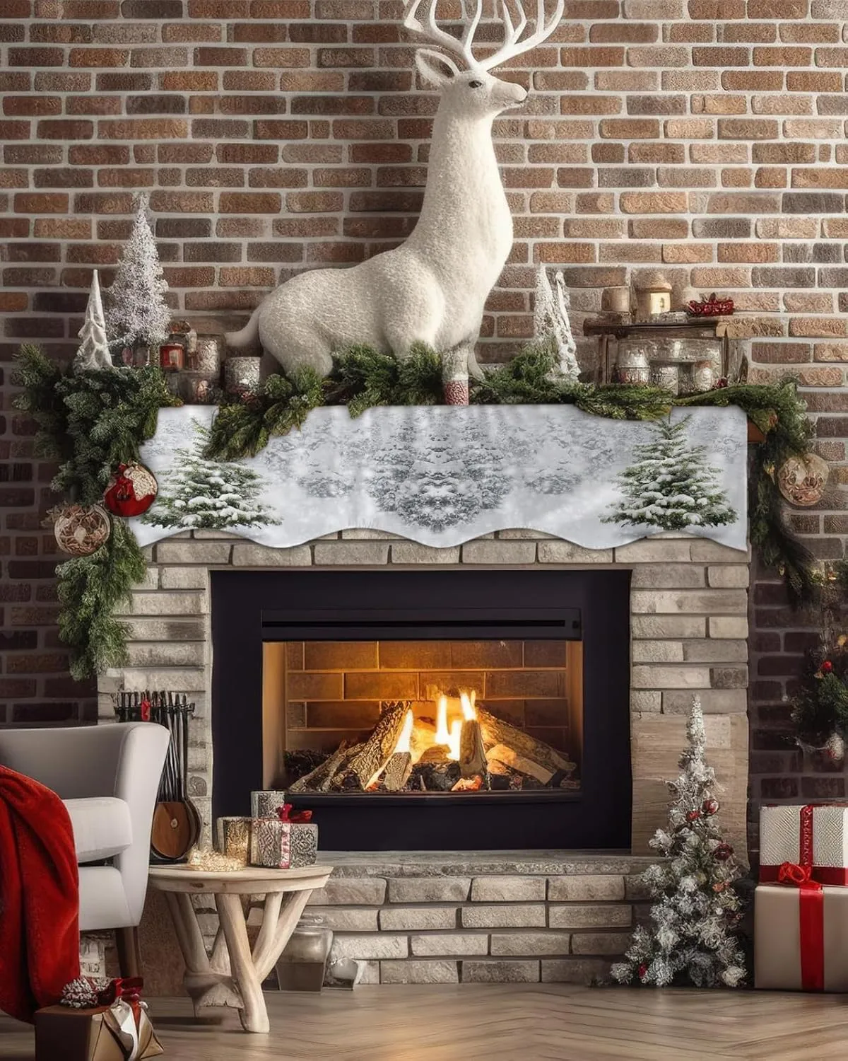 Mantle Scarf 70 x 17 Inch, Christmas Tree Winter Forest Trees Snowflake Fireplace Mantel Scarf Mantel Cover Runner for Xmas Winter Christmas Holiday Party Decor
