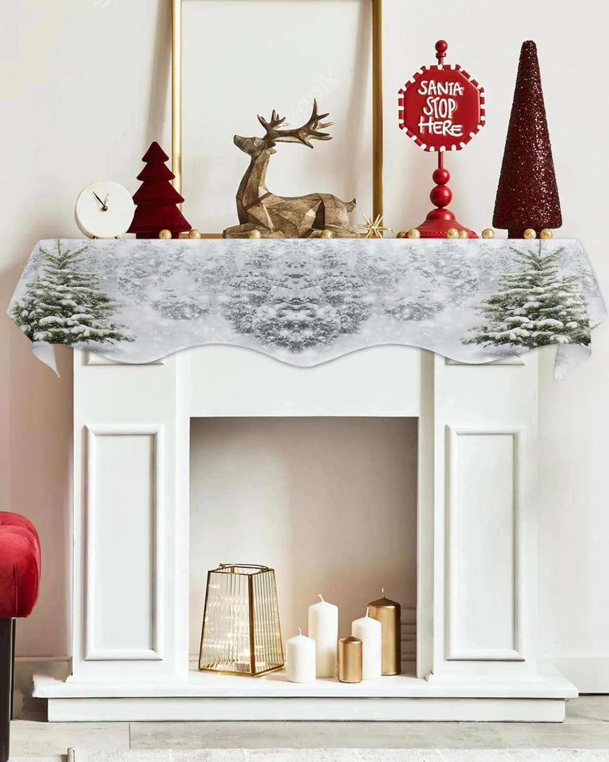 Mantle Scarf 70 x 17 Inch, Christmas Tree Winter Forest Trees Snowflake Fireplace Mantel Scarf Mantel Cover Runner for Xmas Winter Christmas Holiday Party Decor