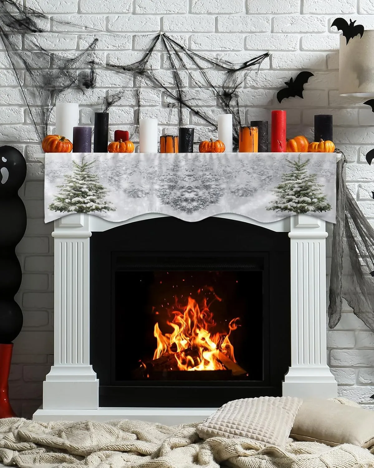 Mantle Scarf 70 x 17 Inch, Christmas Tree Winter Forest Trees Snowflake Fireplace Mantel Scarf Mantel Cover Runner for Xmas Winter Christmas Holiday Party Decor