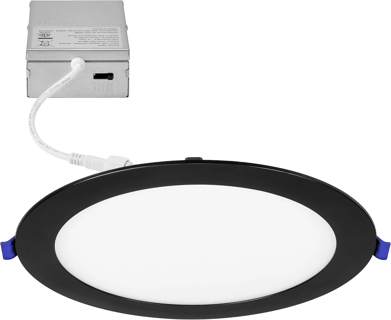 Maxxima 8 in. 5CCT Round Recessed LED Downlight, 1400 Lumens Slim Round Flat Panel Color Selectable (2700K/3000K/3500K/4000K/5000K), Dimmable, Canless IC Rated, Black Trim, J-Box Include