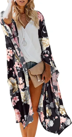 MayBuy Women's Summer Long Flowy Kimono Cardigans Boho Chiffon Beach Cover Up Tops