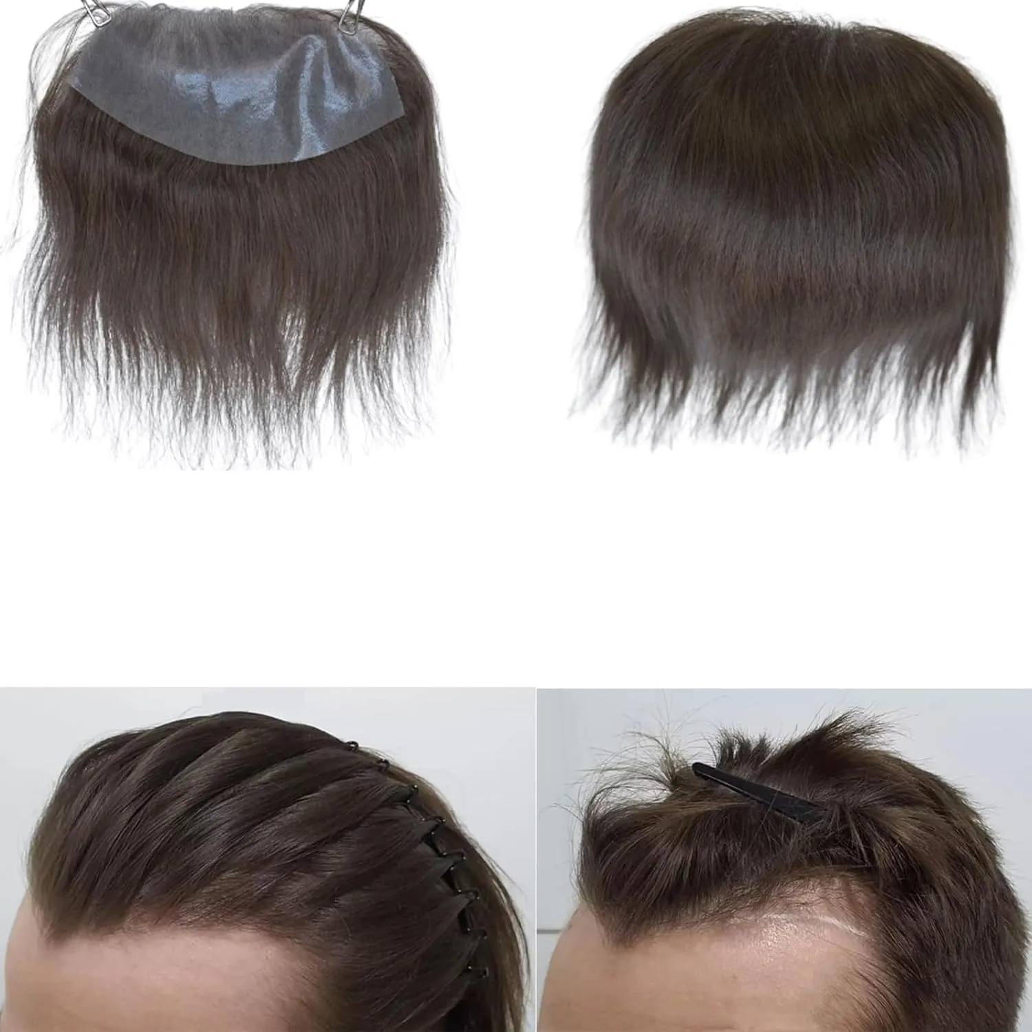 Men Forehead Hairline Toupee 100% Human Hair Skin PU Man Hairpieces Frontal Hair Topper for Receding Natural Hairline Replacement Systems (2.75x6.29 Inch, 4 Medium Brown Color)