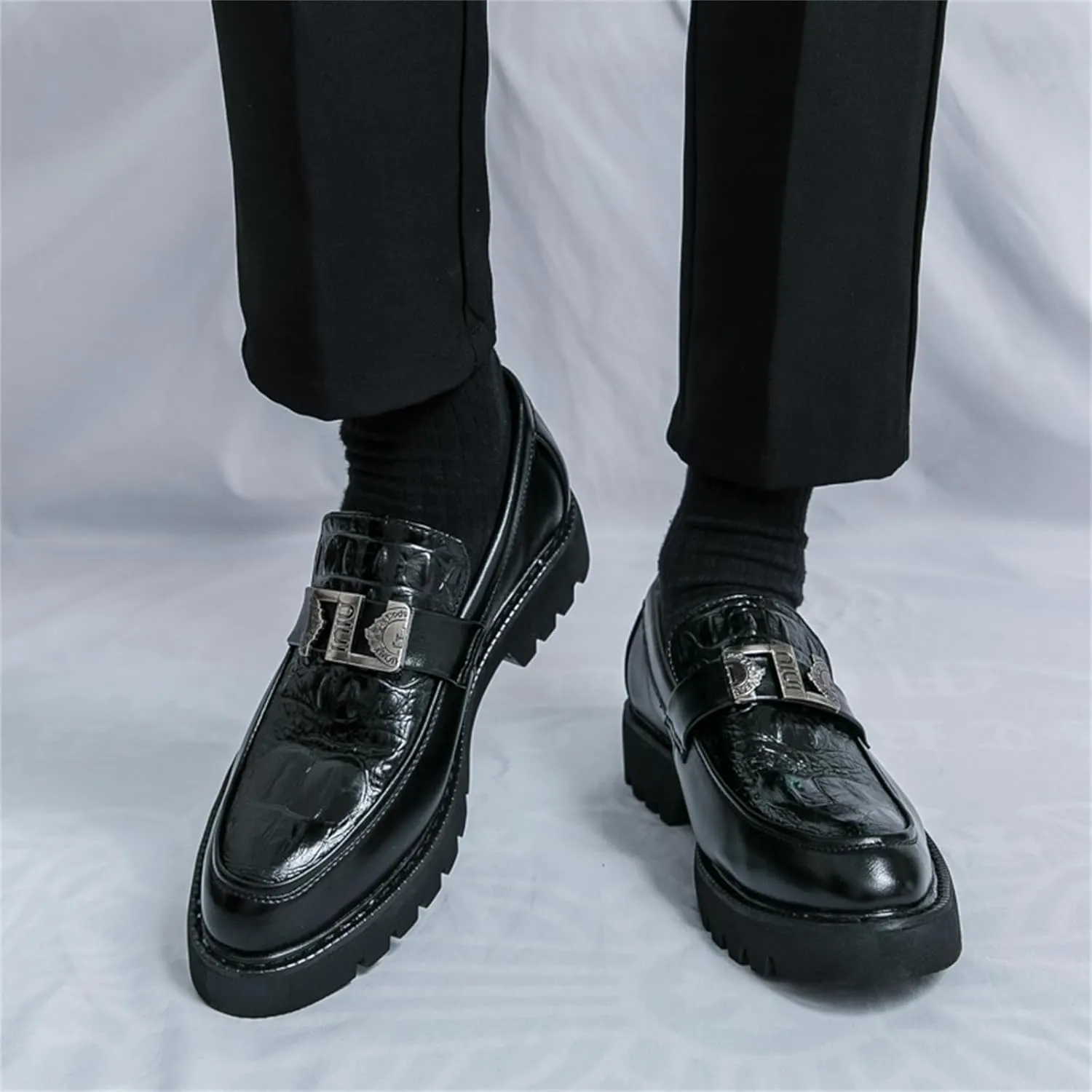 Mens Crocodile Pattern Leather Slip-On Dress Loafers Classical Casual Log Sole Non Slip Platform Penny Shoe for Formal Business Wedding