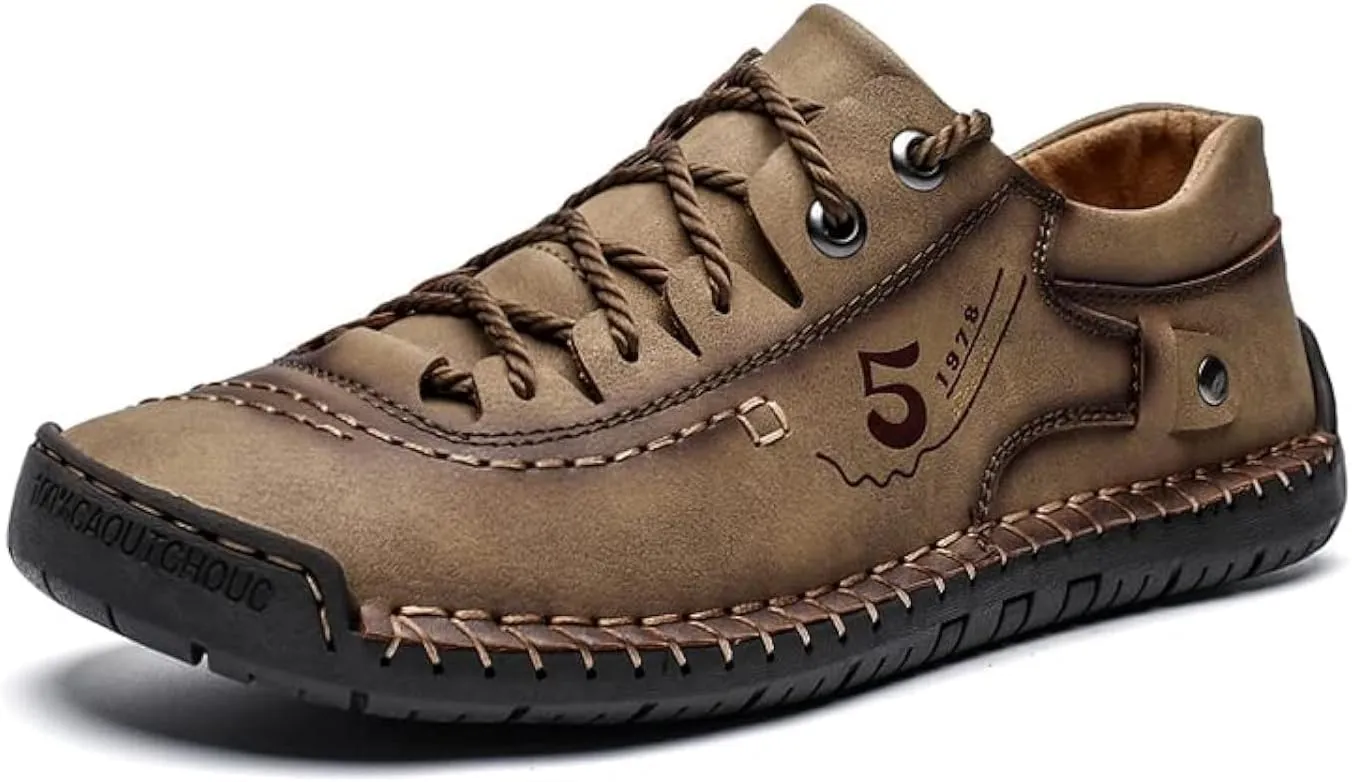 Men’s Leather Casual Shoes Slip On Loafers Slipper Handmade Stitching Outdoor Mens Lace Up Loafers Shoes Walking Driving Shoes Abrasion Resistance