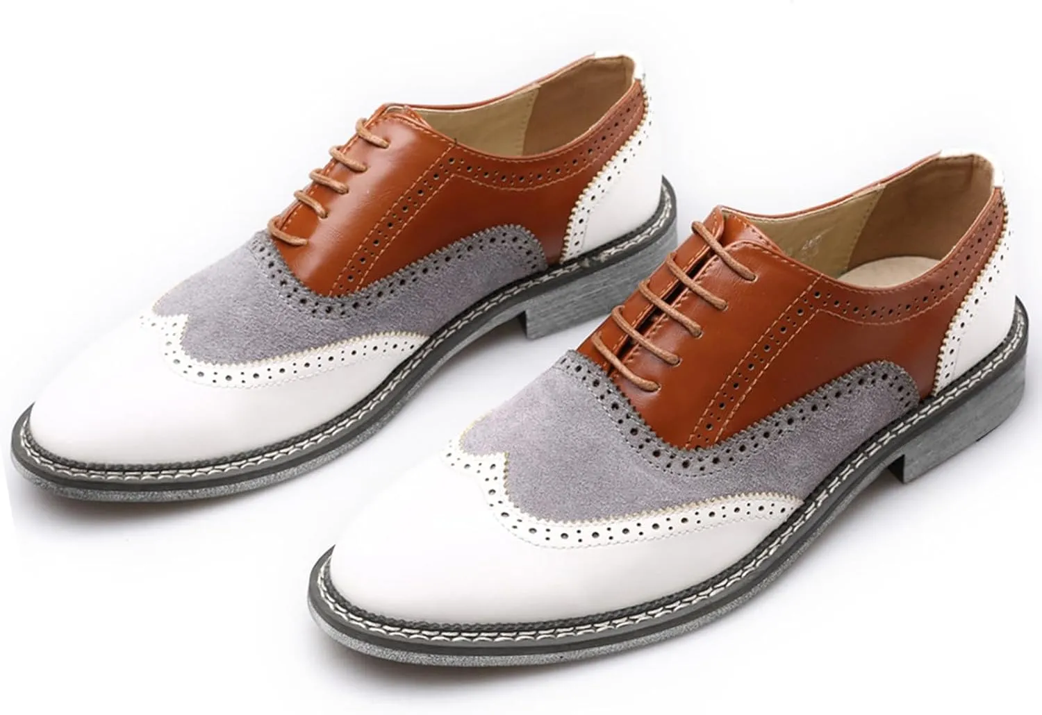 Men's Leather lace-up Brogues Dress Oxford Shoes Classic Wingtip Two Tone Derby Gatsby Prom Shoes Fashion Round Toe Business Formal Leather Shoes