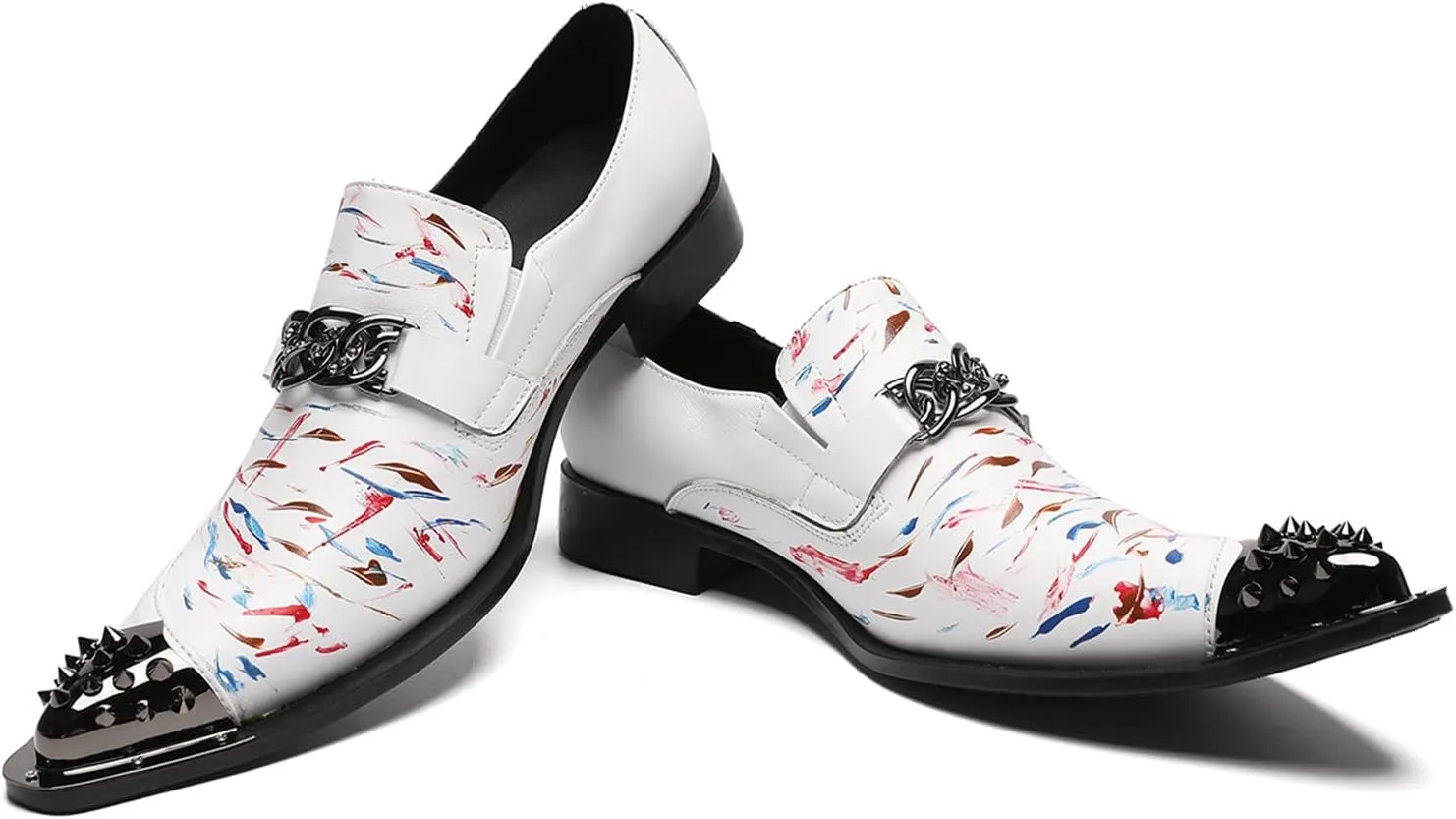 Men's Leather Shoes, Temperament Graffiti Metal tip Men's Dress Shoes, Wedding Party Banquet Host Nightclub Barber Stage Uniform Office Work Shoes